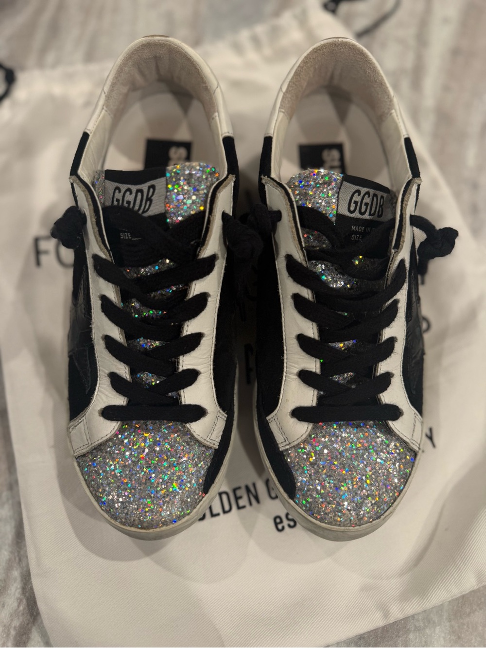 Golden Goose Women's White and Black Sneakers with Silver Glitter - Picture 3 of 7